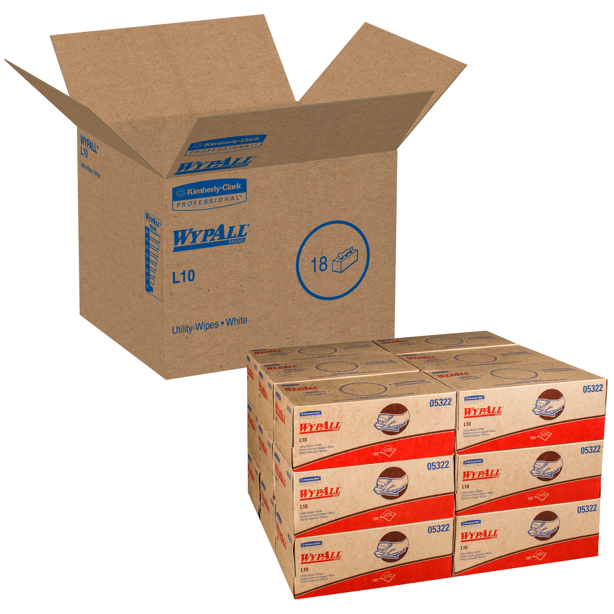 Picture of L10 Utility Wipes, POP-UP Box, 1Ply, 12x10 1/4, White, 125/Box, 18 Boxes/Carton