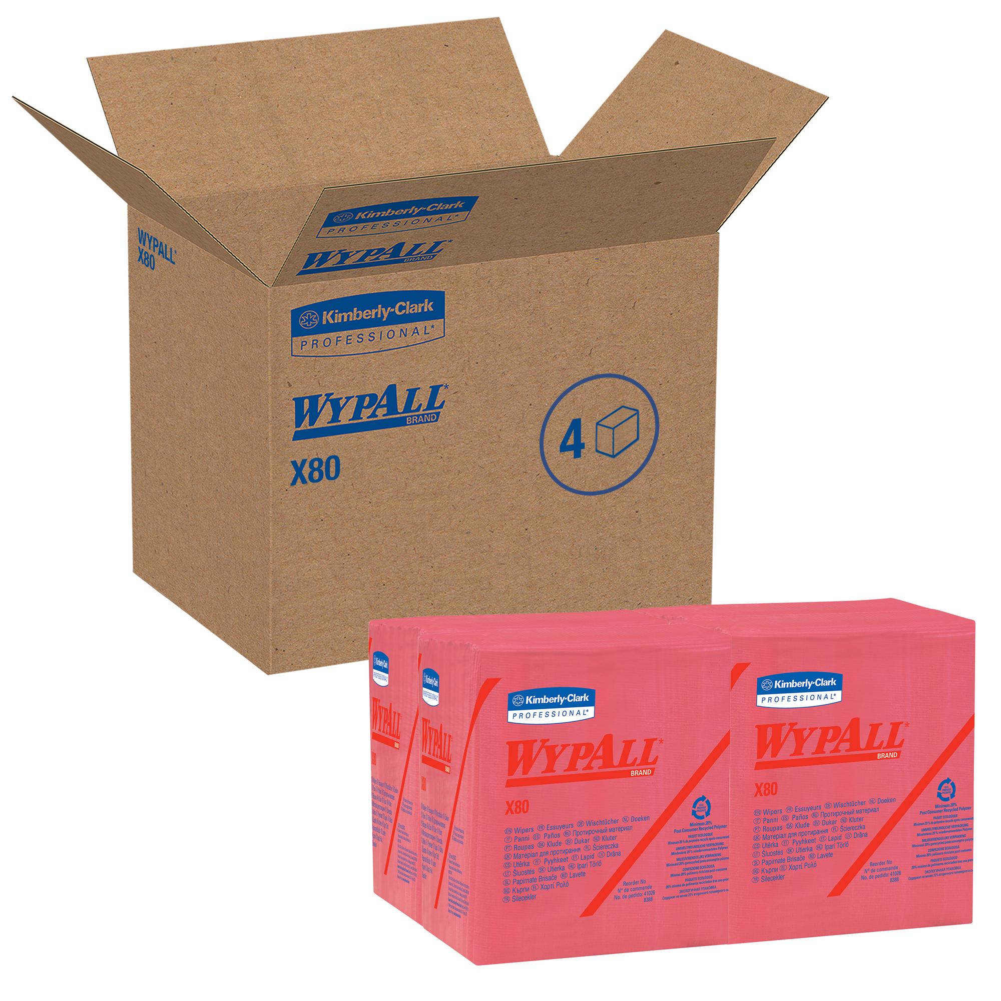 Picture of X80 Wipers, 1/4 Fold, HYDROKNIT, 12 1/2 x 13, Red, 50/Box, 4 Boxes/Carton