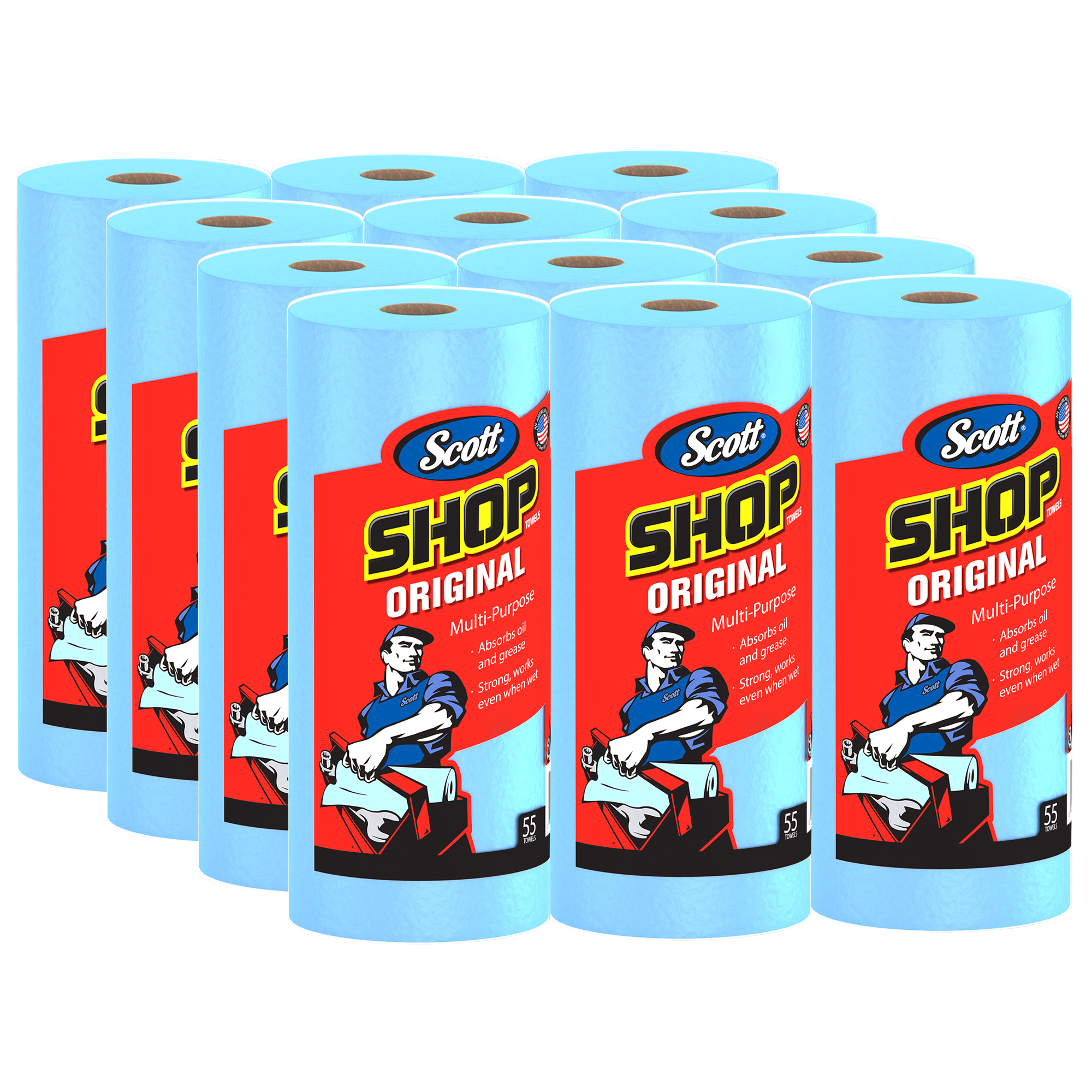 Picture of Shop Towels, Standard Roll, 10 2/5 x 11, Blue, 55/Roll, 12 Rolls/Carton