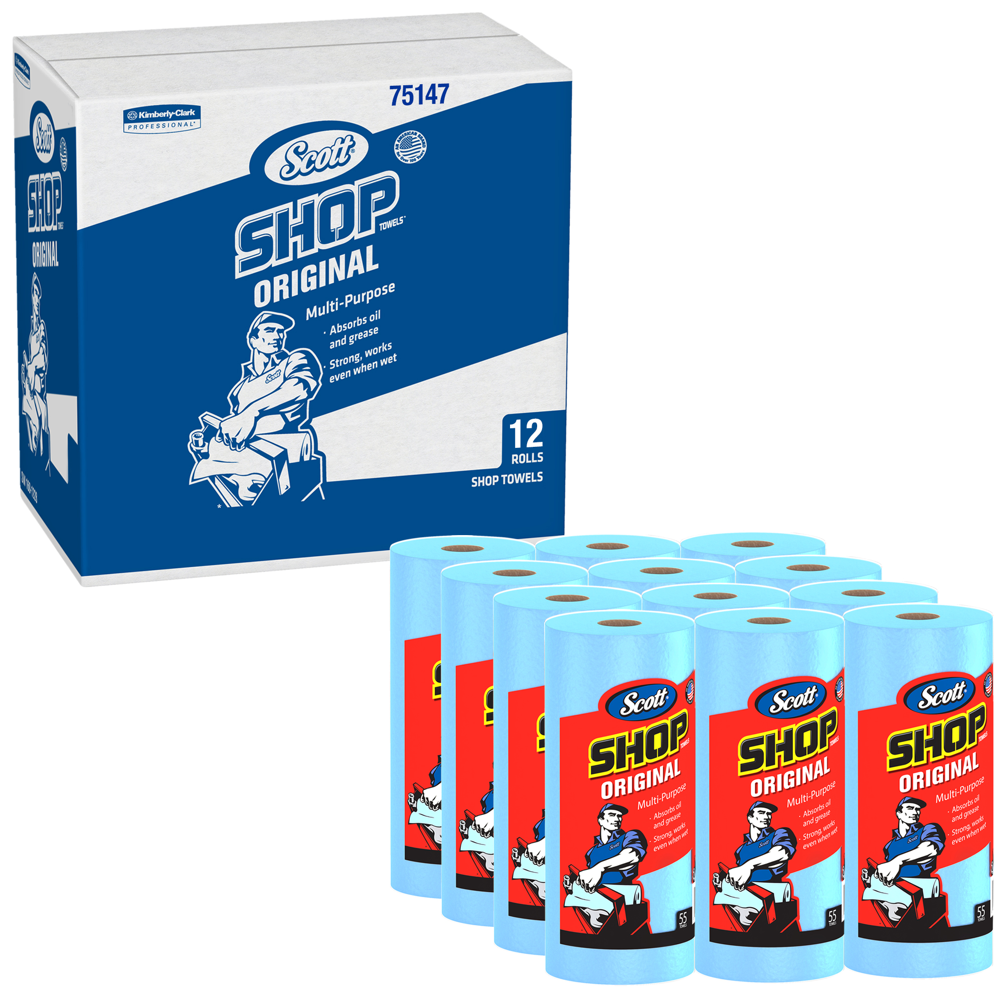 Picture of Shop Towels, Standard Roll, 10 2/5 x 11, Blue, 55/Roll, 12 Rolls/Carton