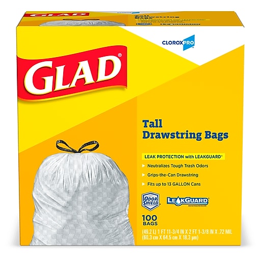 Picture of Trash Bags, 13-Gal, Glad,  Tall, Drawstring, 100 EA/BX